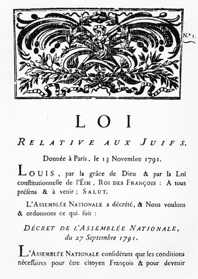 Königliches Dekret zur Emanzipation aller Juden in Frankreich, Dekret der Nationalversammlung, 27. September 1791 (Faksimile) von French School